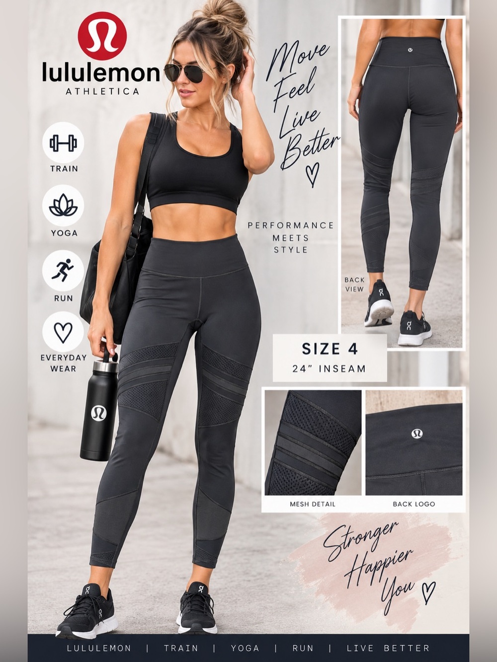Lululemon Size 4 Dark Gray Mesh Panel High Rise Leggings 24” Inseam